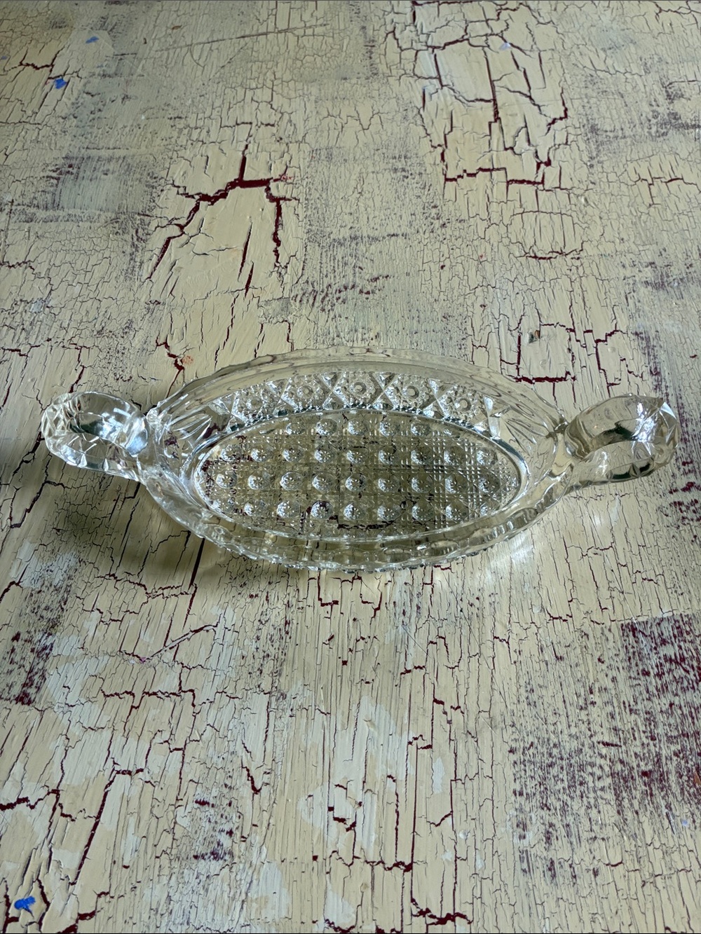 Vintage Imperial Glass Nucut candy dish with 2 ring handles